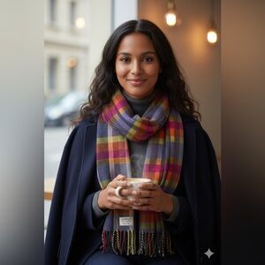 LAMBSWOOL 100% Pure Wool, Made in Italy Colorful Plaid  Scarf